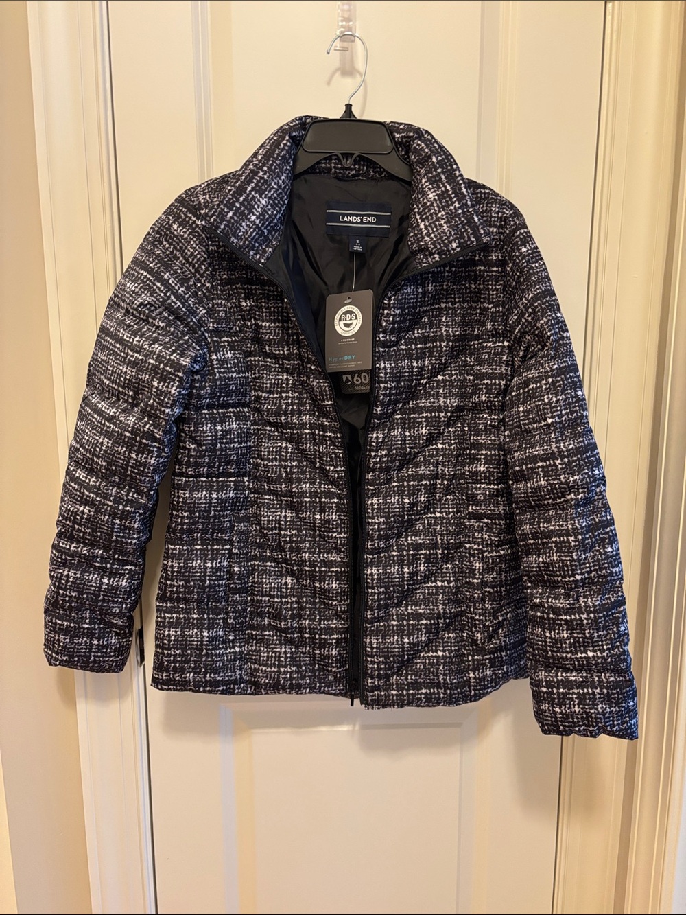 Lands' End Women Black & White Textured Quilted Puffer Jacket Small